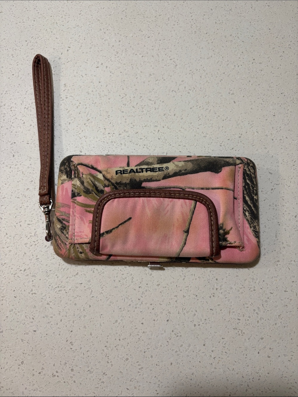 Realtree Pink Camo Wristlet Wallet with Brown Trim